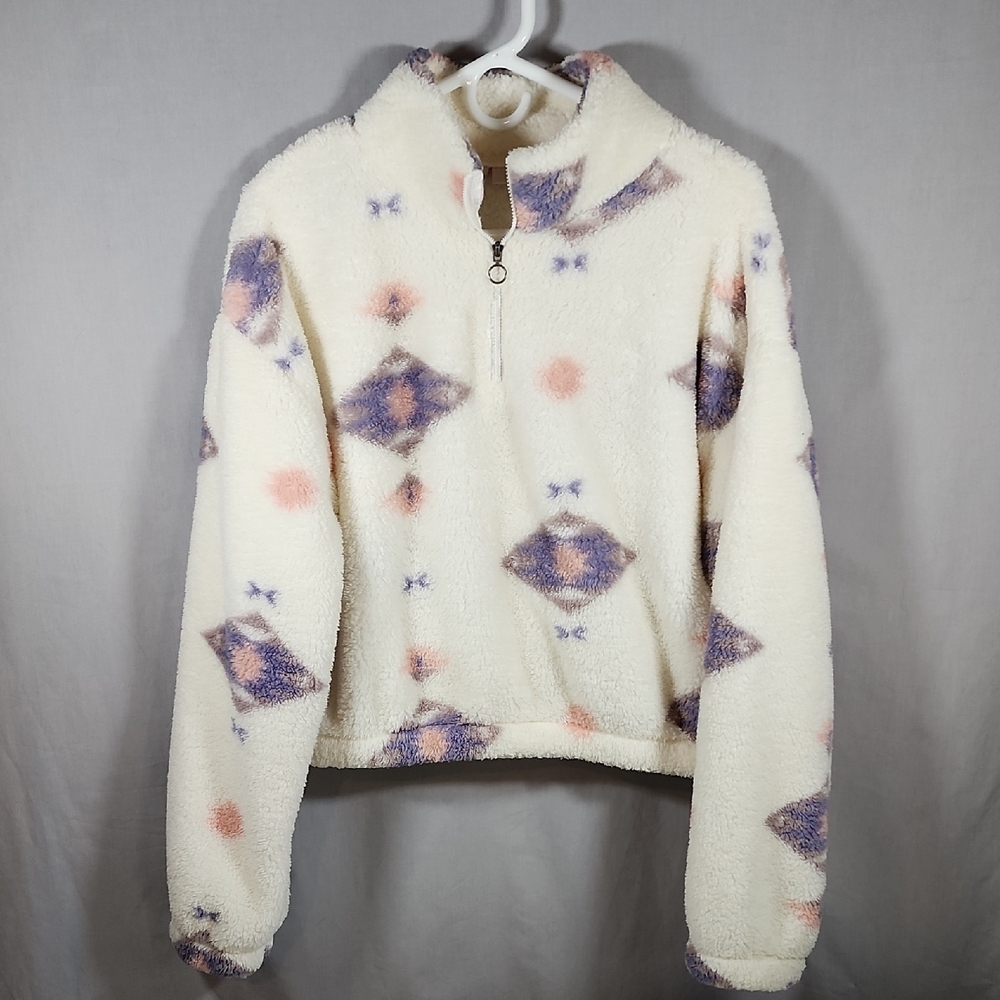 Cozy Fleece Sweater- Cream with Purple and Pink Accents Girls Size L